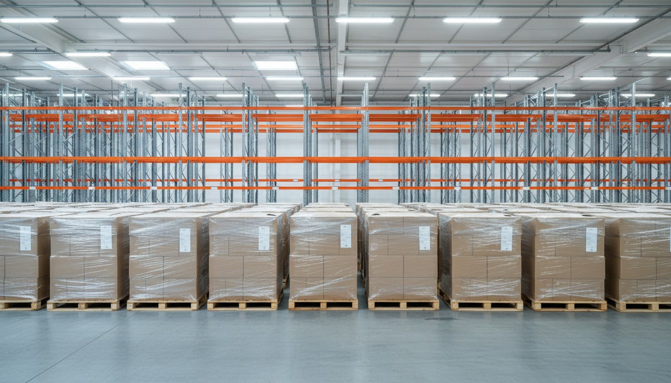 Palletized freight stored in warehouse racking
